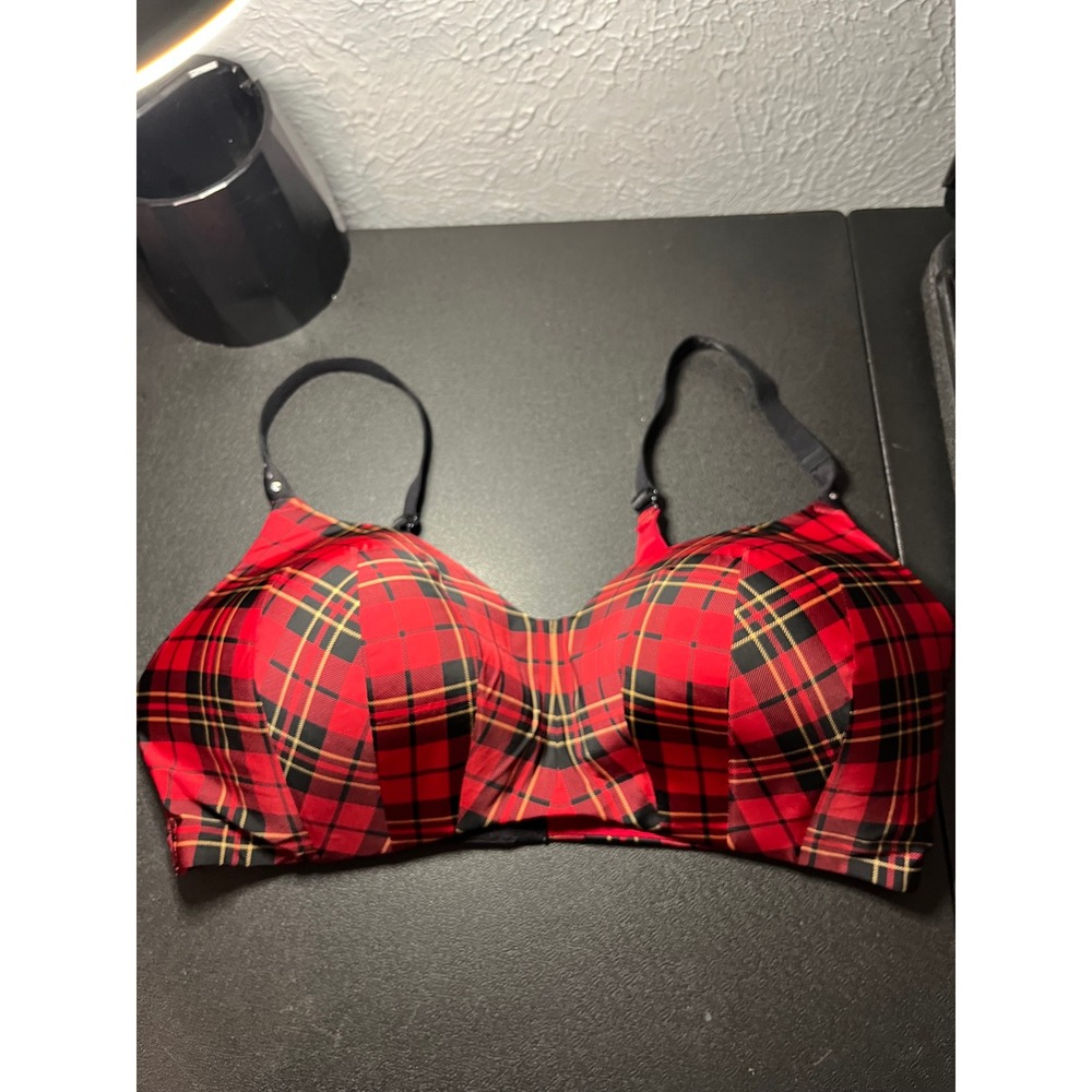 Torrid Red Plaid 360 Back Smoothing Wireless Bra 38DD Rhinestone Straps 40795215